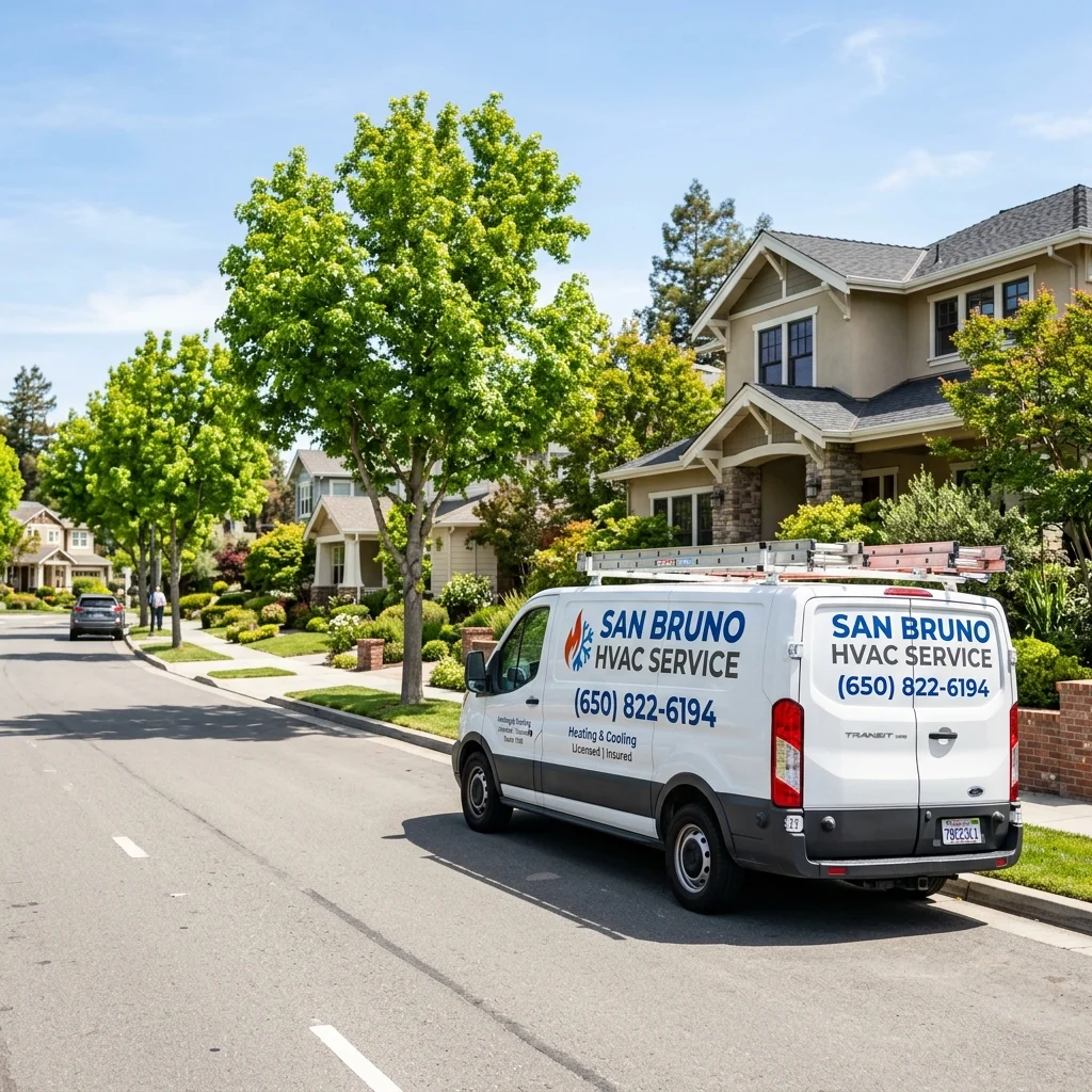 San Bruno HVAC Service technician van parked in San Bruno, CA neighborhood